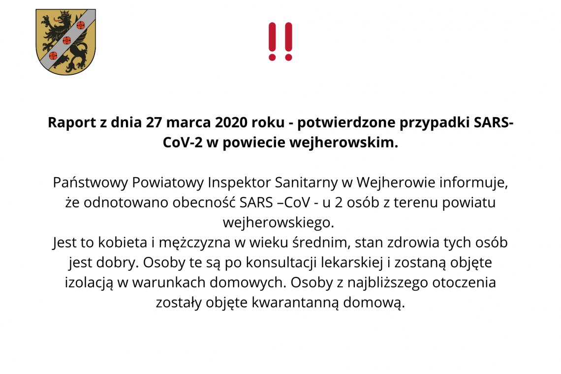 Na terenie powiatu wejherowskiego potwierdzono dwa pierwsze przypadki zachorowania na koronawirusa.