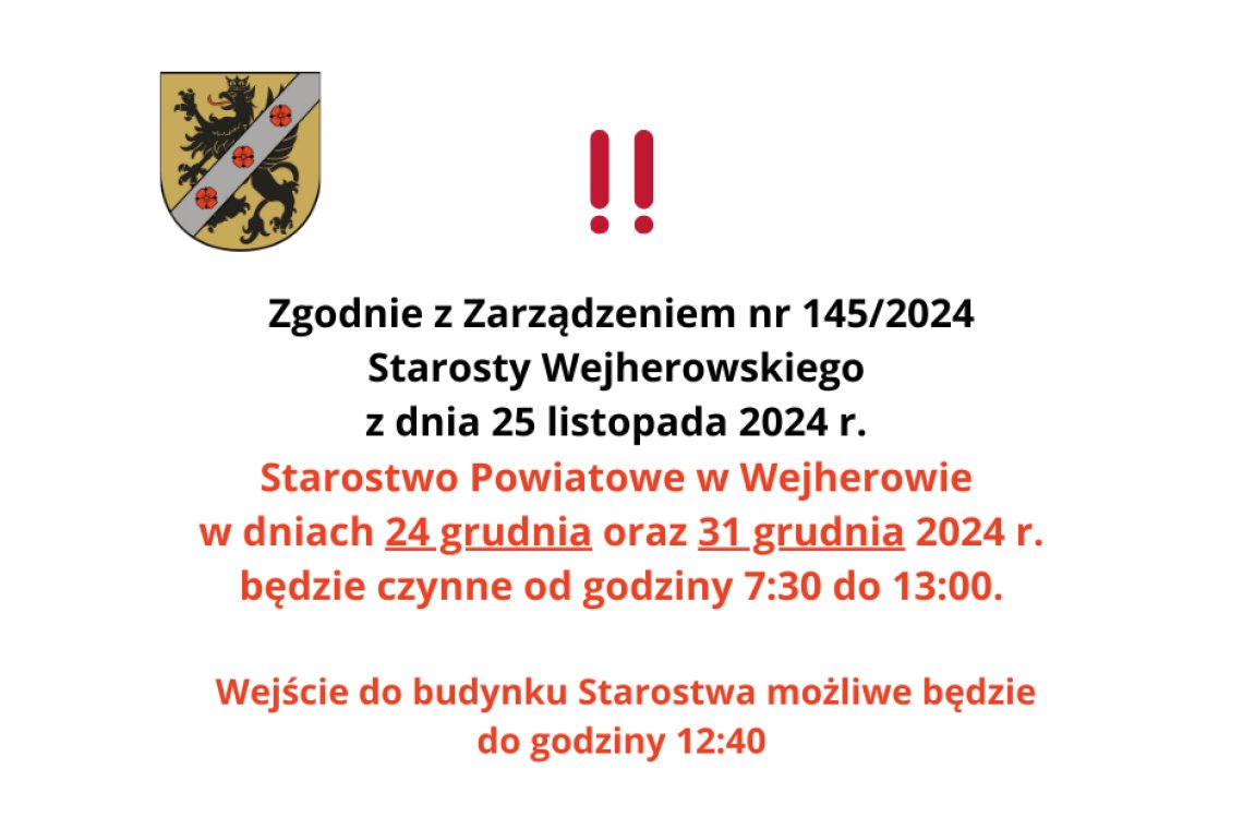 Komunikat dotyczący pracy Starostwa Powiatowego w Wejherowie  24.12.2024 r. i 31.12.2024 r.