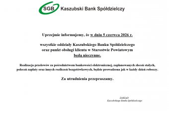 Nieczynne placówki Kaszubskiego Banku Spółdzielczego w dniu 05.06.2026 r. 