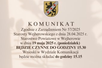Komunikat dotyczący pracy Starostwa Powiatowego w Wejherowie w dniu 19 maja 2025 r.