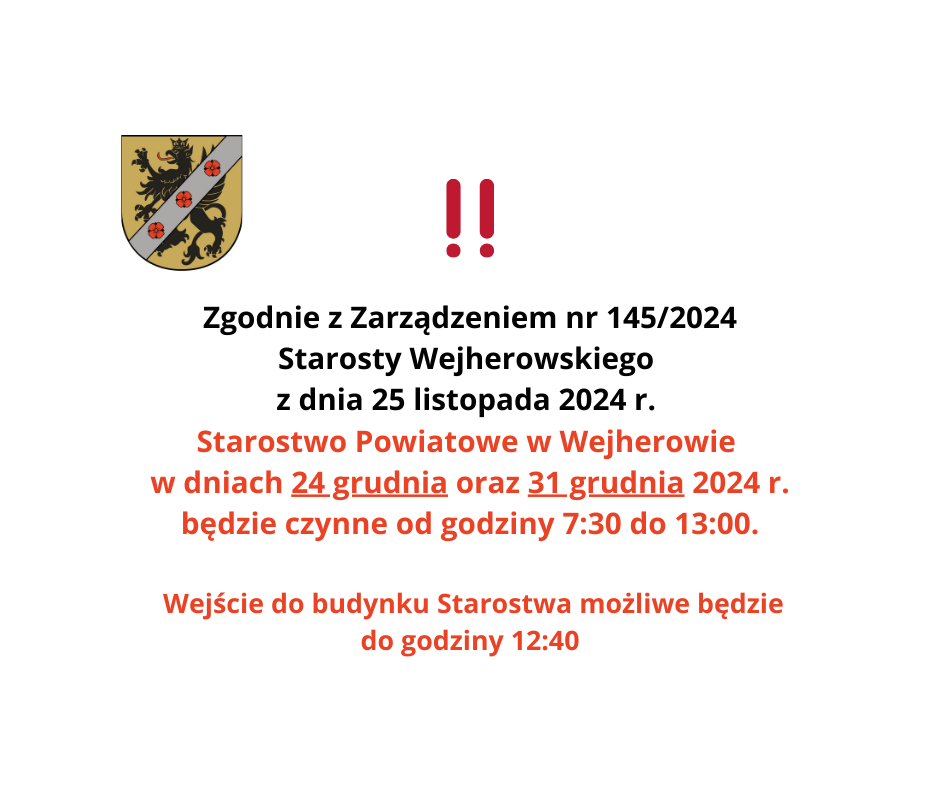 Komunikat dotyczący pracy Starostwa Powiatowego w Wejherowie  24.12.2024 r. i 31.12.2024 r.