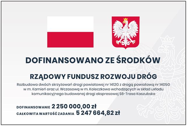 Rozbudowa dwóch skrzyżowań drogi powiatowej nr 1412G z drogą powiatową nr 1405G w m. Kamień oraz z ul. Wczasową w m. Koleczkowo wchodzących w skład układu komunikacyjnego budowanej drogi ekspresowej S6- Trasa Kaszubska